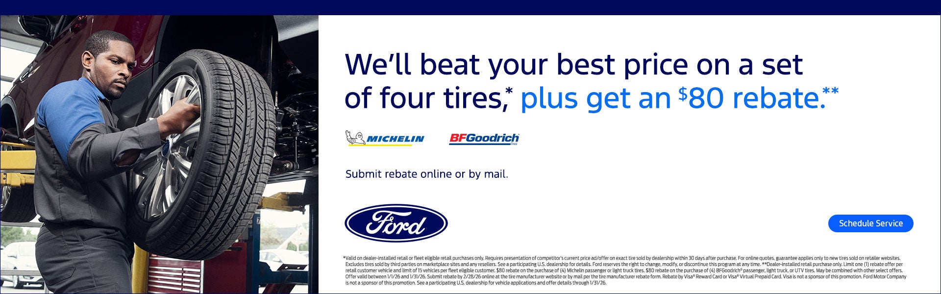 We’ll beat your best price on a set of four tires,* plus get an $80 rebate.**